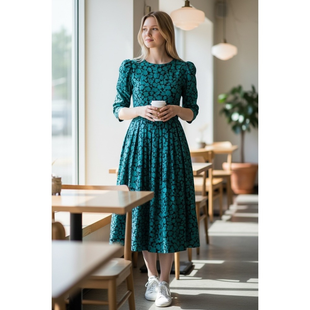 Vintage Lanz Floral Dark Teal+Black Floral Quarter Length SleeveWomen's Dress,